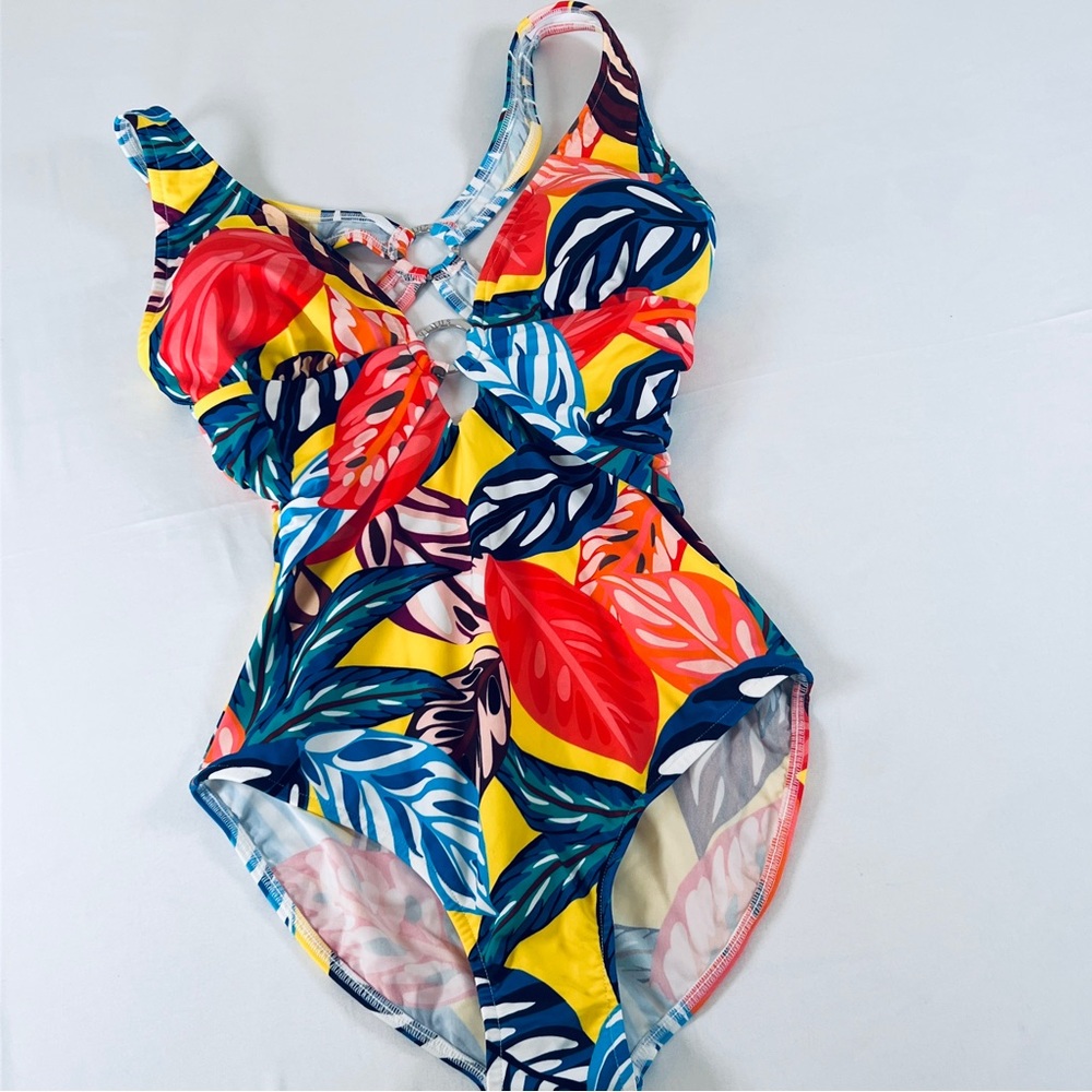 Venus Tropical Leaf Print O-Ring One Piece Swimsuit Multicolor Cutout Size 8